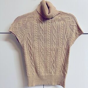 Sweater, short sleeved, cable knit turtleneck with shimmery gold